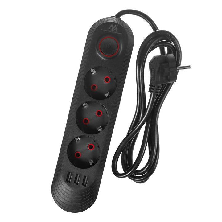 Listwa zasilająca Maclean, przedłużacz 3 gniazda + 3xUSB, 110-240V AC 50/60Hz, 2.1A max 2500W, 1,5m, czarna, MCE394 B