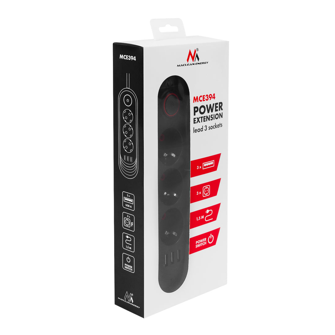 Listwa zasilająca Maclean, przedłużacz 3 gniazda + 3xUSB, 110-240V AC 50/60Hz, 2.1A max 2500W, 1,5m, czarna, MCE394 B