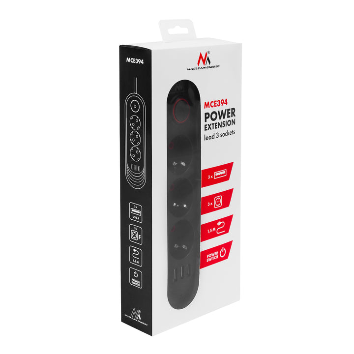 Listwa zasilająca Maclean, przedłużacz 3 gniazda + 3xUSB, 110-240V AC 50/60Hz, 2.1A max 2500W, 1,5m, czarna, MCE394 B