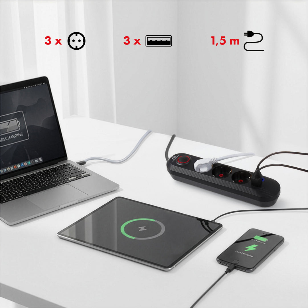 Listwa zasilająca Maclean, przedłużacz 3 gniazda + 3xUSB, 110-240V AC 50/60Hz, 2.1A max 2500W, 1,5m, czarna, MCE394 B