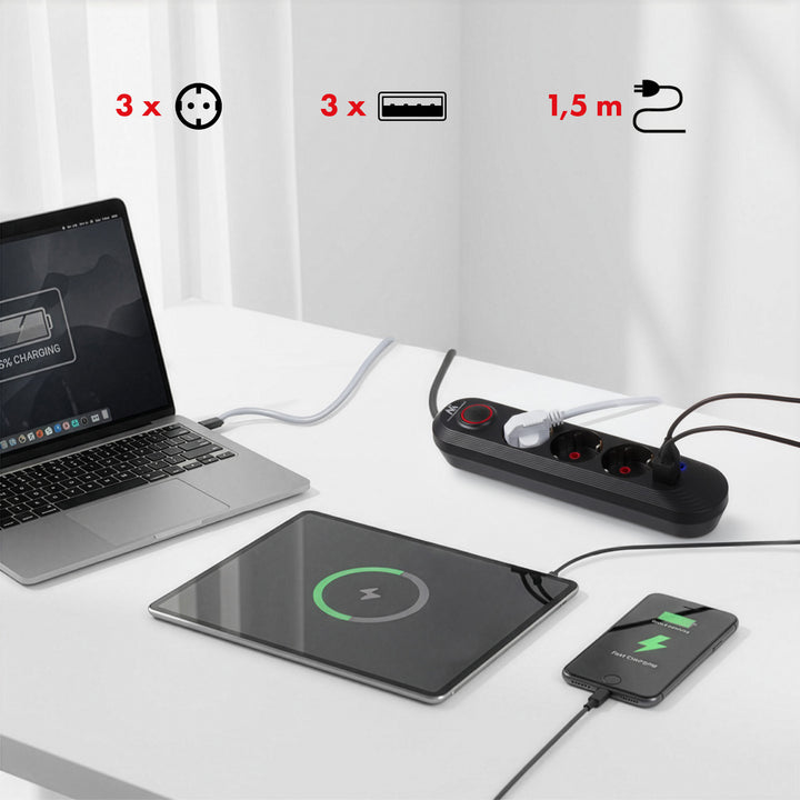 Listwa zasilająca Maclean, przedłużacz 3 gniazda + 3xUSB, 110-240V AC 50/60Hz, 2.1A max 2500W, 1,5m, czarna, MCE394 B