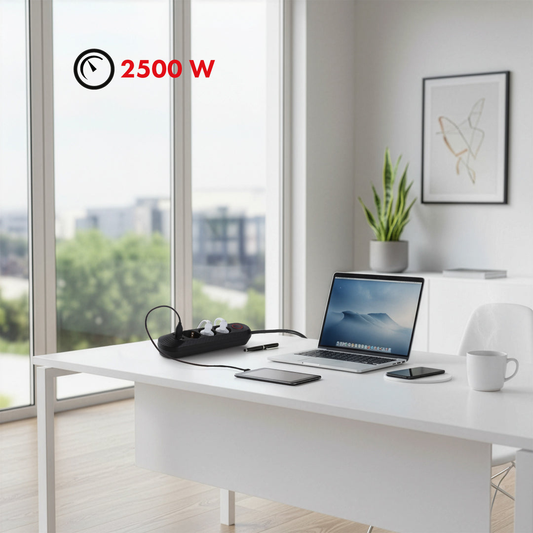 Listwa zasilająca Maclean, przedłużacz 3 gniazda + 3xUSB, 110-240V AC 50/60Hz, 2.1A max 2500W, 1,5m, czarna, MCE394 B