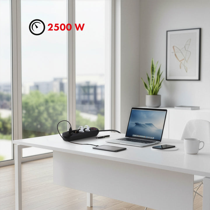 Listwa zasilająca Maclean, przedłużacz 3 gniazda + 3xUSB, 110-240V AC 50/60Hz, 2.1A max 2500W, 1,5m, czarna, MCE394 B