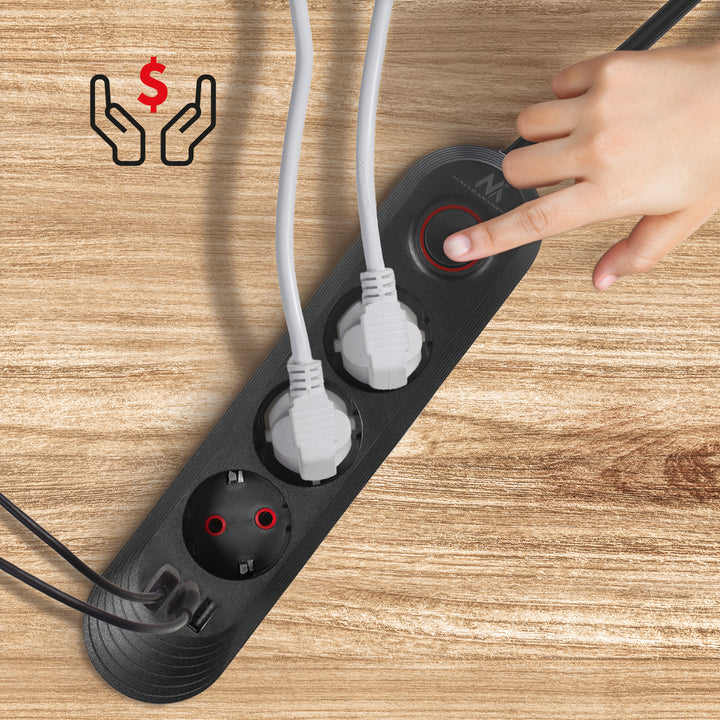 Listwa zasilająca Maclean, przedłużacz 3 gniazda + 3xUSB, 110-240V AC 50/60Hz, 2.1A max 2500W, 1,5m, czarna, MCE394 B
