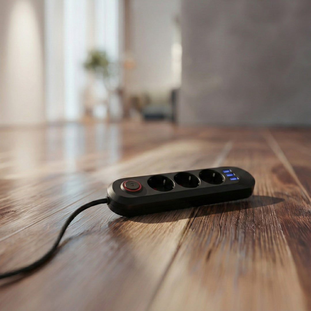 Listwa zasilająca Maclean, przedłużacz 3 gniazda + 3xUSB, 110-240V AC 50/60Hz, 2.1A max 2500W, 1,5m, czarna, MCE394 B