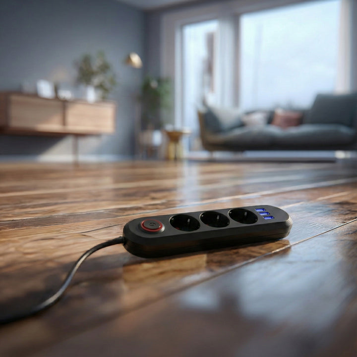 Listwa zasilająca Maclean, przedłużacz 3 gniazda + 3xUSB, 110-240V AC 50/60Hz, 2.1A max 2500W, 1,5m, czarna, MCE394 B