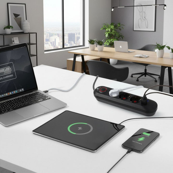 Listwa zasilająca Maclean, przedłużacz 3 gniazda + 3xUSB, 110-240V AC 50/60Hz, 2.1A max 2500W, 1,5m, czarna, MCE394 B