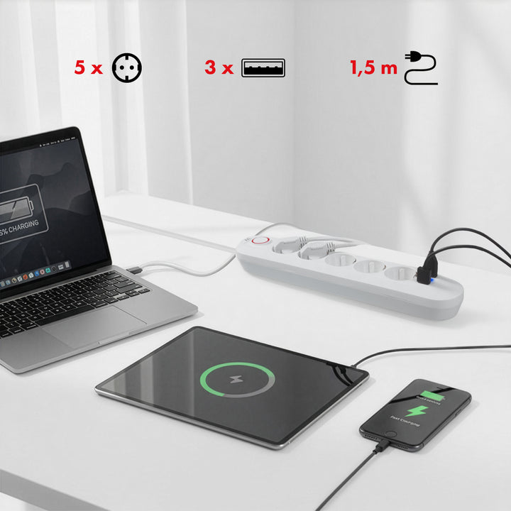 Listwa zasilająca Maclean, przedłużacz 5 gniazd + 3xUSB, 110-240V AC 50/60Hz, 2.1A max 2500W, 1,5m, biała, MCE395 W