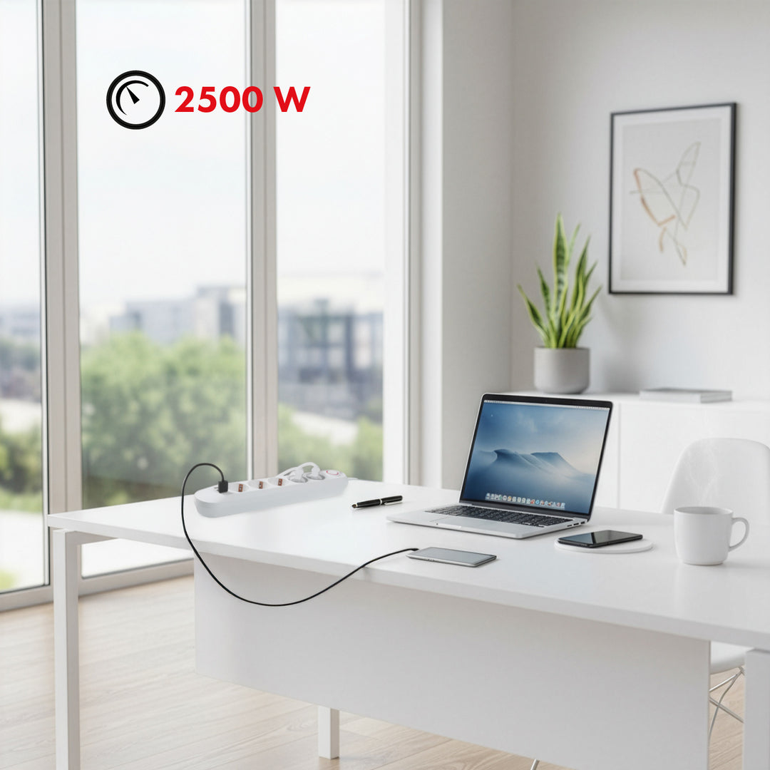 Listwa zasilająca Maclean, przedłużacz 5 gniazd + 3xUSB, 110-240V AC 50/60Hz, 2.1A max 2500W, 1,5m, biała, MCE395 W