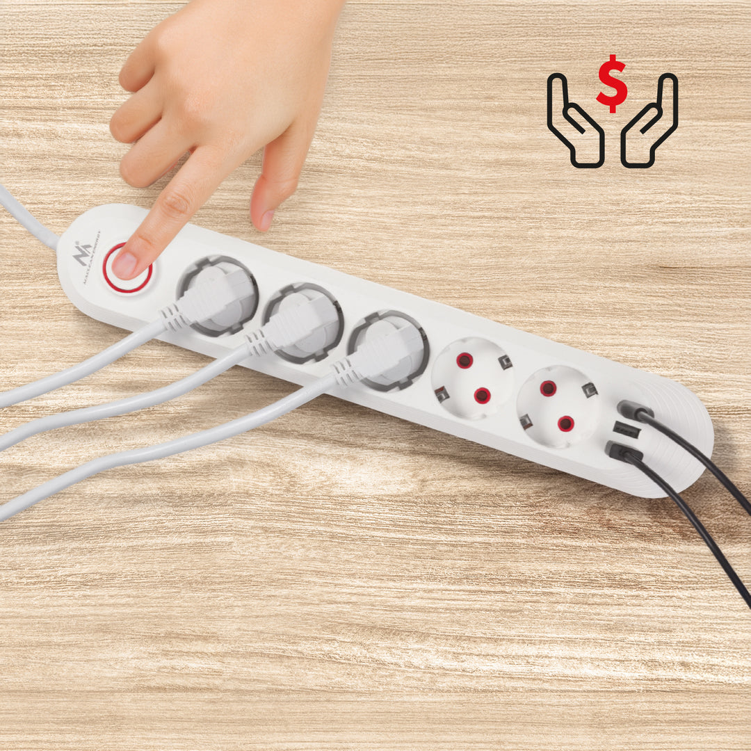 Listwa zasilająca Maclean, przedłużacz 5 gniazd + 3xUSB, 110-240V AC 50/60Hz, 2.1A max 2500W, 1,5m, biała, MCE395 W