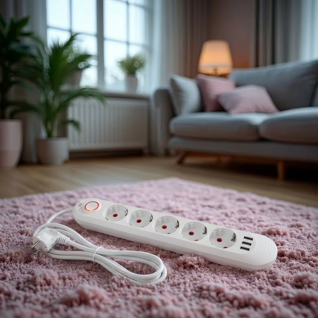 Listwa zasilająca Maclean, przedłużacz 5 gniazd + 3xUSB, 110-240V AC 50/60Hz, 2.1A max 2500W, 1,5m, biała, MCE395 W