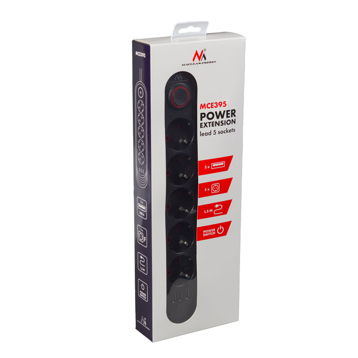 Listwa zasilająca Maclean, przedłużacz 5 gniazd + 3xUSB, 110-240V AC 50/60Hz, 2.1A max 2500W, 1,5m, czarna, MCE395 B