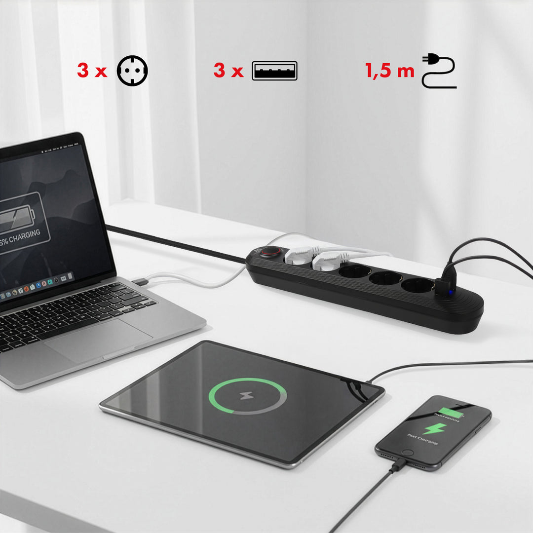 Listwa zasilająca Maclean, przedłużacz 5 gniazd + 3xUSB, 110-240V AC 50/60Hz, 2.1A max 2500W, 1,5m, czarna, MCE395 B