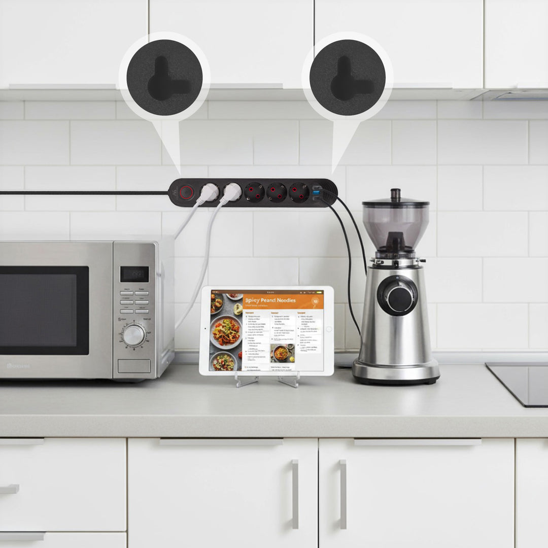 Listwa zasilająca Maclean, przedłużacz 5 gniazd + 3xUSB, 110-240V AC 50/60Hz, 2.1A max 2500W, 1,5m, czarna, MCE395 B