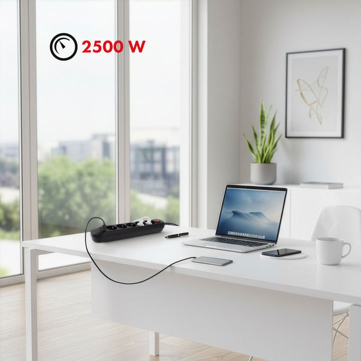 Listwa zasilająca Maclean, przedłużacz 5 gniazd + 3xUSB, 110-240V AC 50/60Hz, 2.1A max 2500W, 1,5m, czarna, MCE395 B