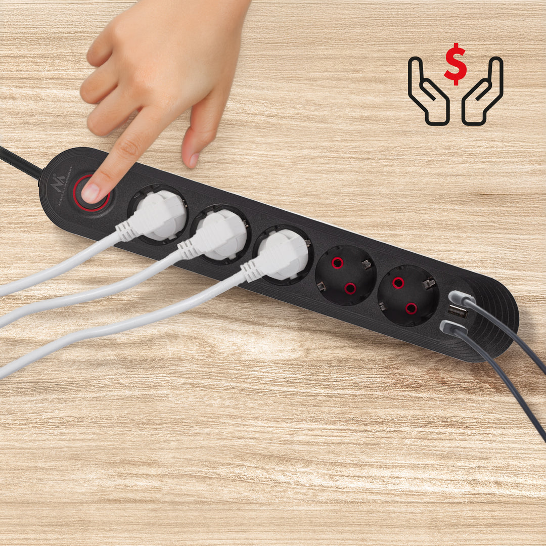 Listwa zasilająca Maclean, przedłużacz 5 gniazd + 3xUSB, 110-240V AC 50/60Hz, 2.1A max 2500W, 1,5m, czarna, MCE395 B