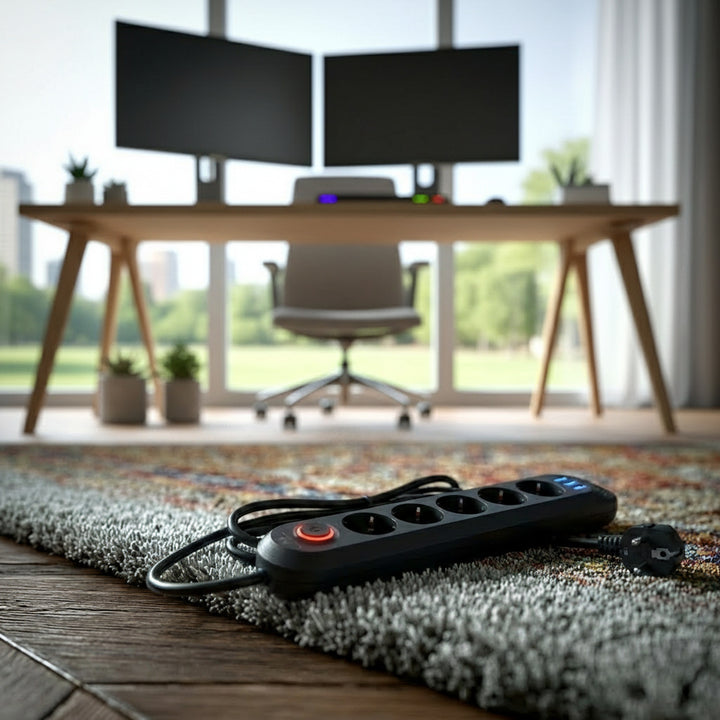 Listwa zasilająca Maclean, przedłużacz 5 gniazd + 3xUSB, 110-240V AC 50/60Hz, 2.1A max 2500W, 1,5m, czarna, MCE395 B