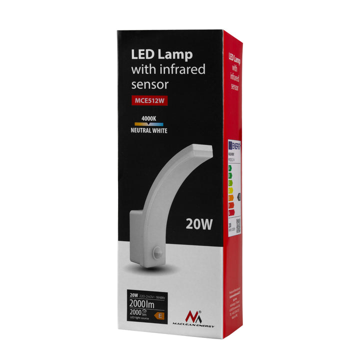 Lampa LED z czujnikiem ruchu Maclean, czujnik ruchu PIR, kolor biały, 20W, IP65, 2000lm, barwa neutralna biała (4000K) MCE512 W, 4 sztuki