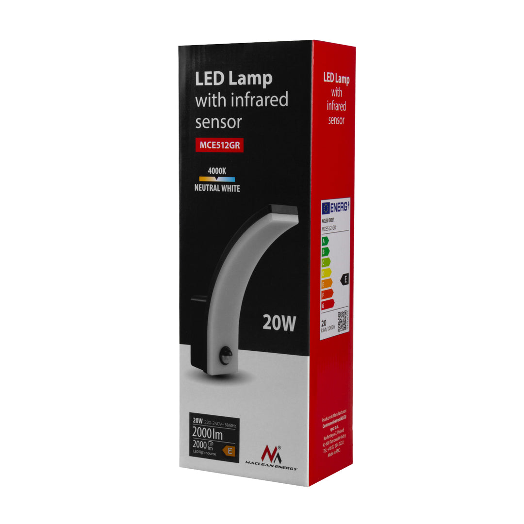 Lampa LED z czujnikiem ruchu Maclean, czujnik ruchu PIR, kolor szary, 20W, IP65, 2000lm, barwa neutralna biała (4000K) MCE512 GR, 2 sztuki
