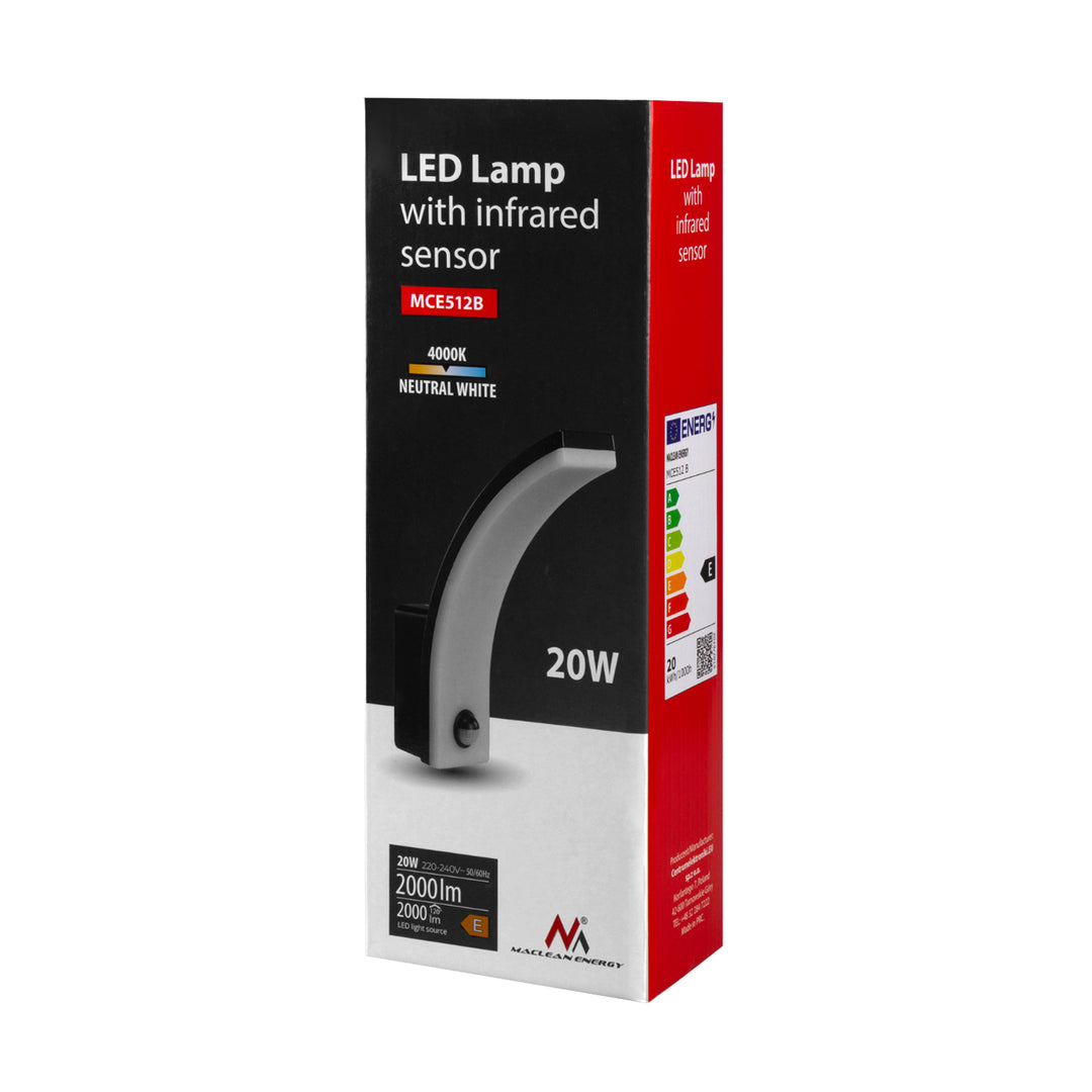 Lampa LED z czujnikiem ruchu Maclean, czujnik ruchu PIR, kolor czarny, 20W, IP65, 2000lm, barwa neutralna biała (4000K) MCE512 B, 4 sztuki
