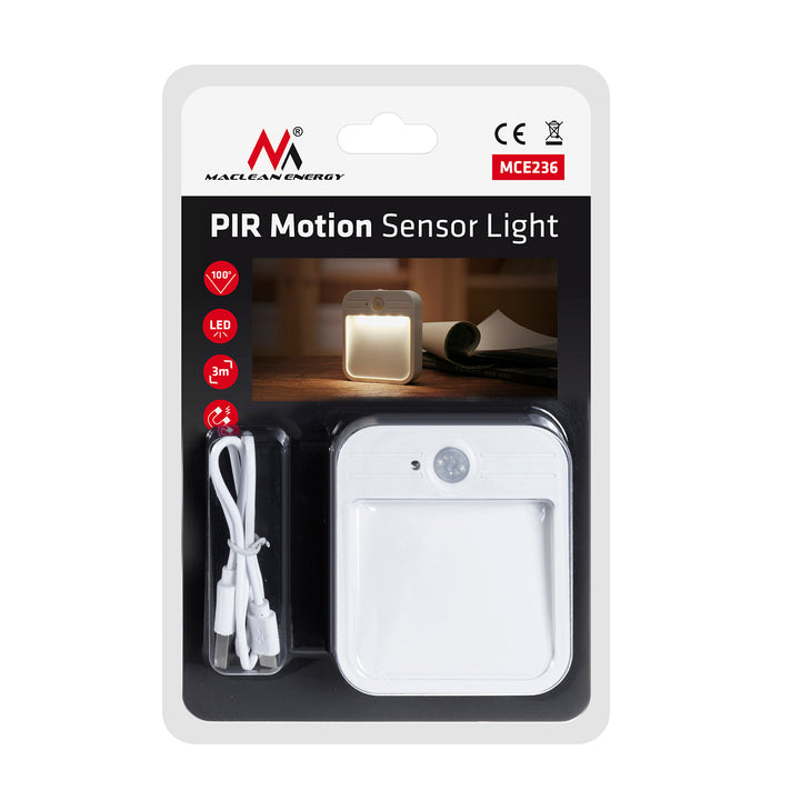 Lampa schodowa LED Maclean, z czujnikiem ruchu, temp. 4000K, 3.7V/500mAh, 4 LED, Zasięg 3-4m, MCE236, 2 sztuki
