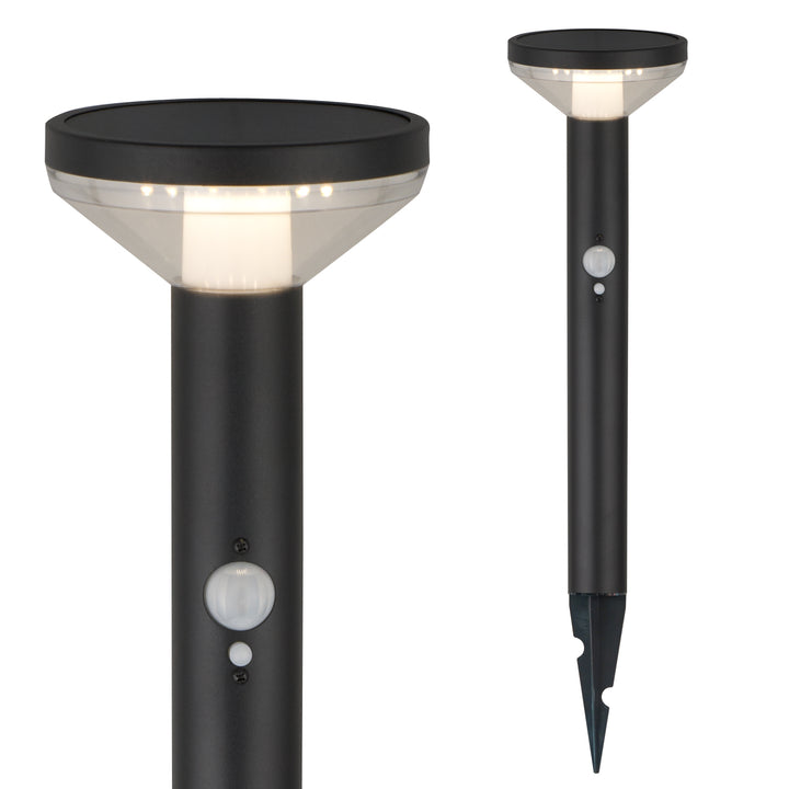 Solarna lampa LED Maclean, z czujnikiem, 3 tryby, wbijana, Li-ion 18650, IP44, 3,7V, 1200 mAh, Czarna, MCE465 B, 6 sztuk