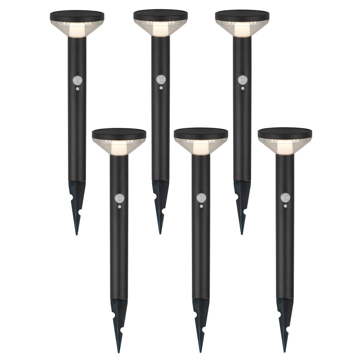 Solarna lampa LED Maclean, z czujnikiem, 3 tryby, wbijana, Li-ion 18650, IP44, 3,7V, 1200 mAh, Czarna, MCE465 B, 6 sztuk