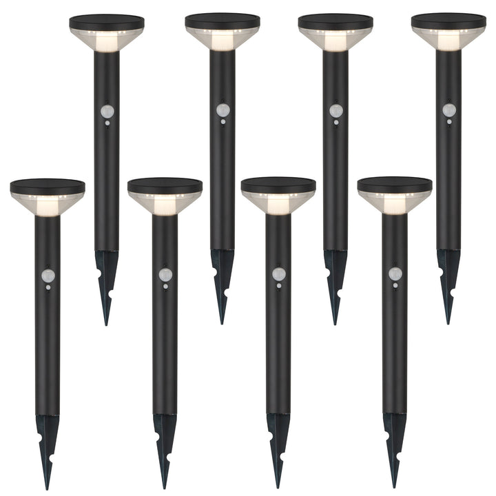 Solarna lampa LED Maclean, z czujnikiem, 3 tryby, wbijana, Li-ion 18650, IP44, 3,7V, 1200 mAh, Czarna, MCE465 B, 8 sztuk
