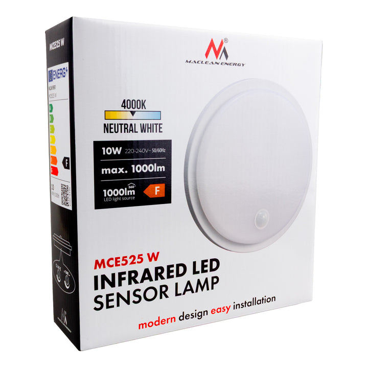 Lampa LED z czujnikiem ruchu Maclean, czujnik PIR, kolor biały, 10W, IP65, 1000lm, barwa neutralna, MCE525 W