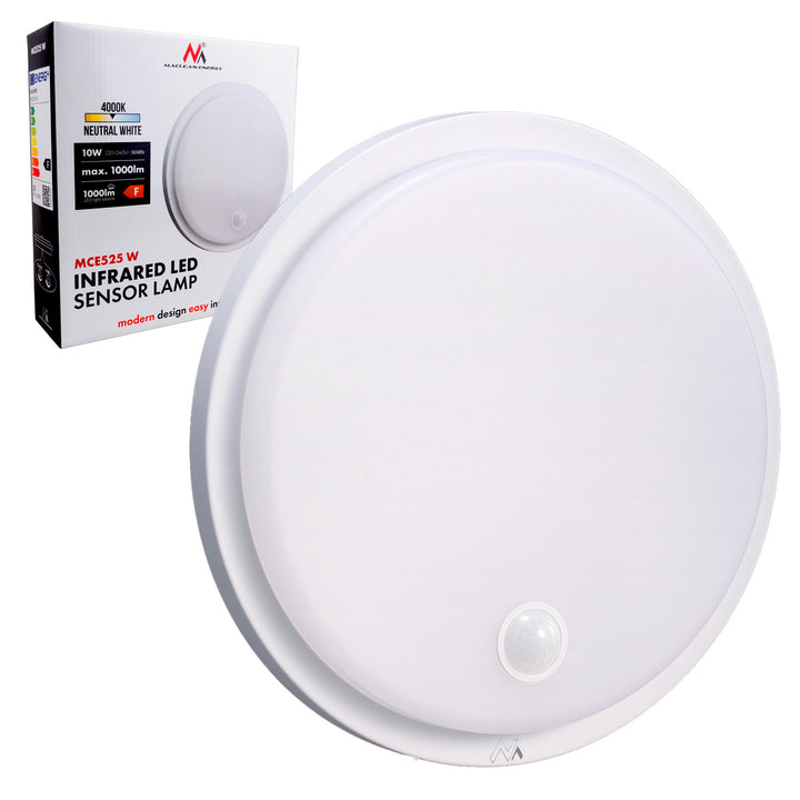 Lampa LED z czujnikiem ruchu Maclean, czujnik PIR, kolor biały, 10W, IP65, 1000lm, barwa neutralna, MCE525 W