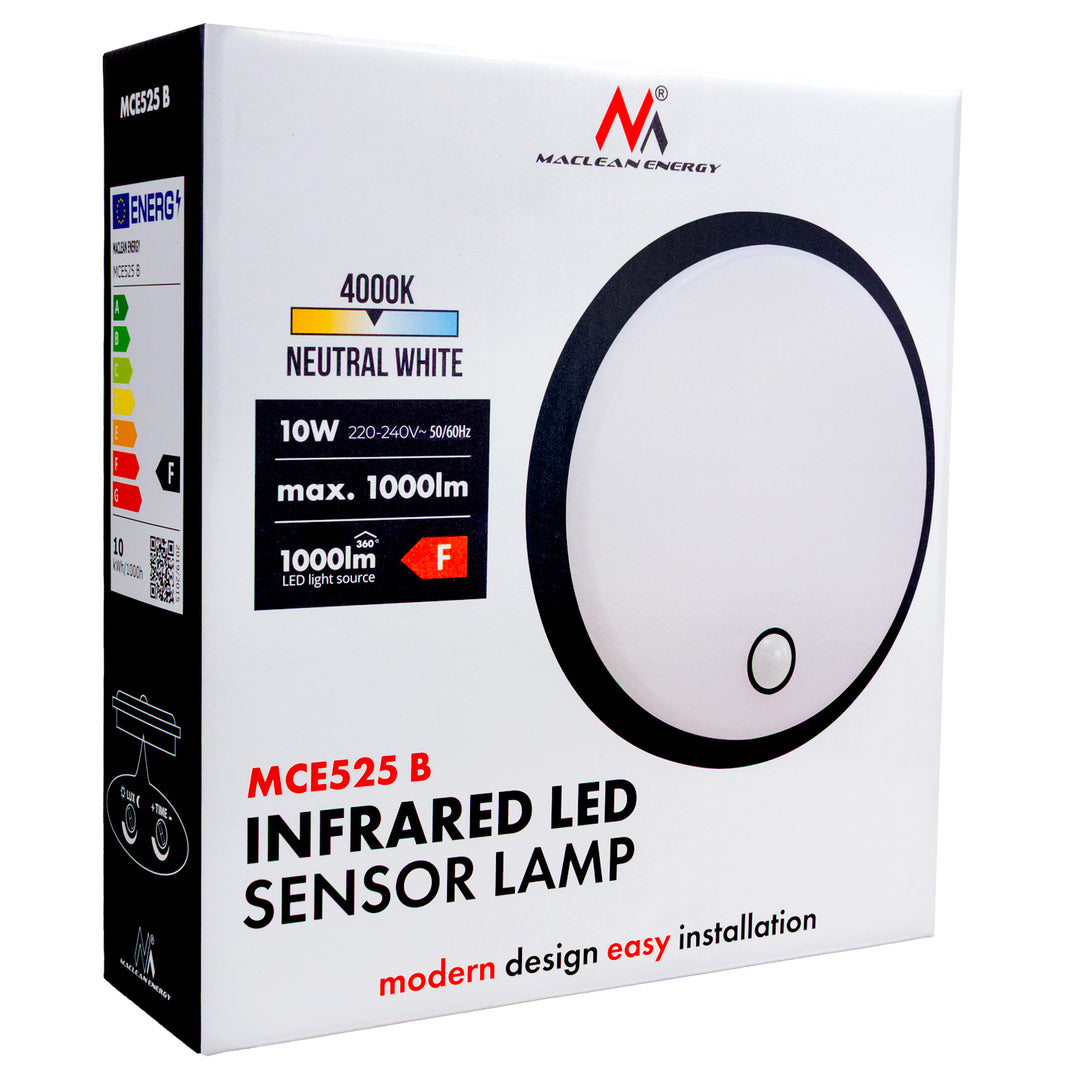 Lampa LED z czujnikiem ruchu Maclean, czujnik PIR, kolor czarny, 10W, IP65, 1000lm, barwa neutralna, MCE525 B