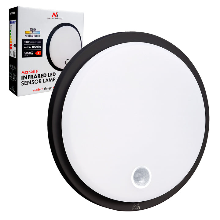 Lampa LED z czujnikiem ruchu Maclean, czujnik PIR, kolor czarny, 10W, IP65, 1000lm, barwa neutralna, MCE525 B