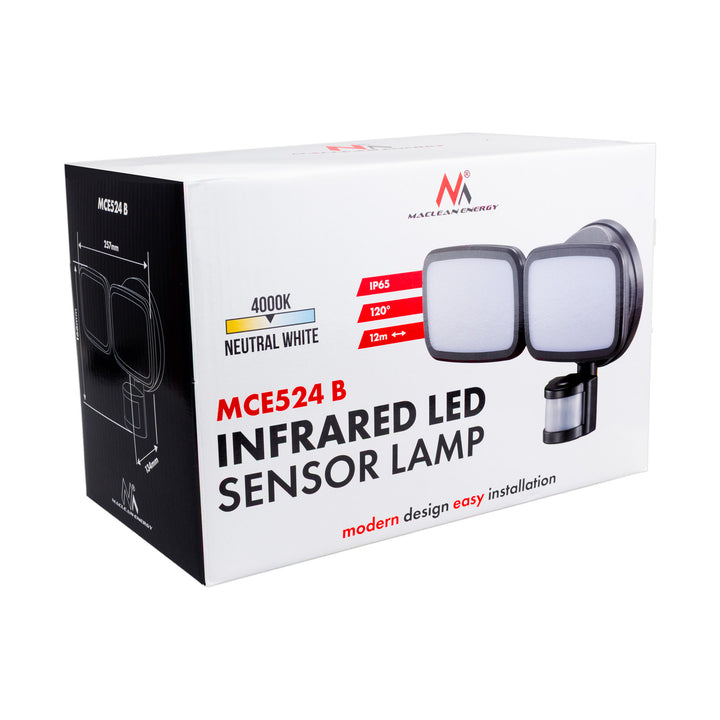 Ścienna lampa LED Maclean, z czujnikiem PIR, 20W, 1500lm, IP65, neutral white 4000K, czarna, MCE524 B