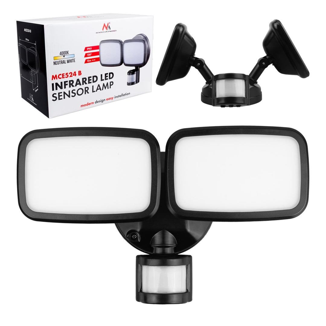 Ścienna lampa LED Maclean, z czujnikiem PIR, 20W, 1500lm, IP65, neutral white 4000K, czarna, MCE524 B