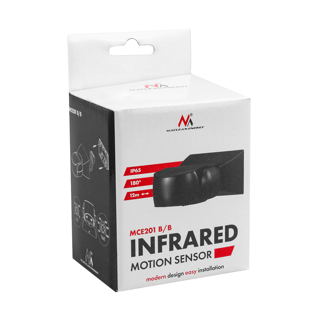 Czujnik ruchu PIR Maclean, na podczerwień, IP65, czarny z czarną przesłoną, zasięg 12m, MCE201 B/B