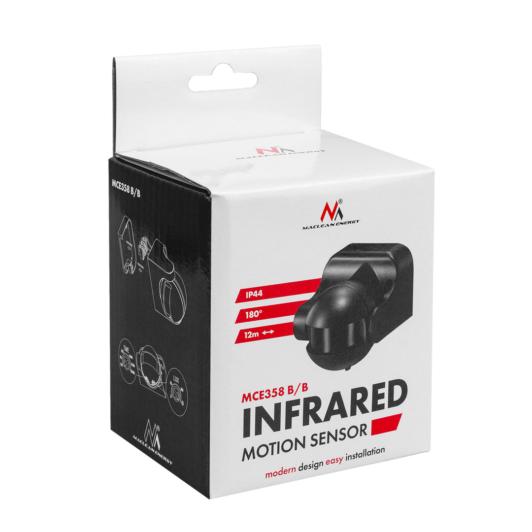 Czujnik ruchu PIR Maclean, na podczerwień, IP44, czarny z czarną przesłoną, zasięg 12m, max. obciążenie 300/1200W, MCE358 B/B
