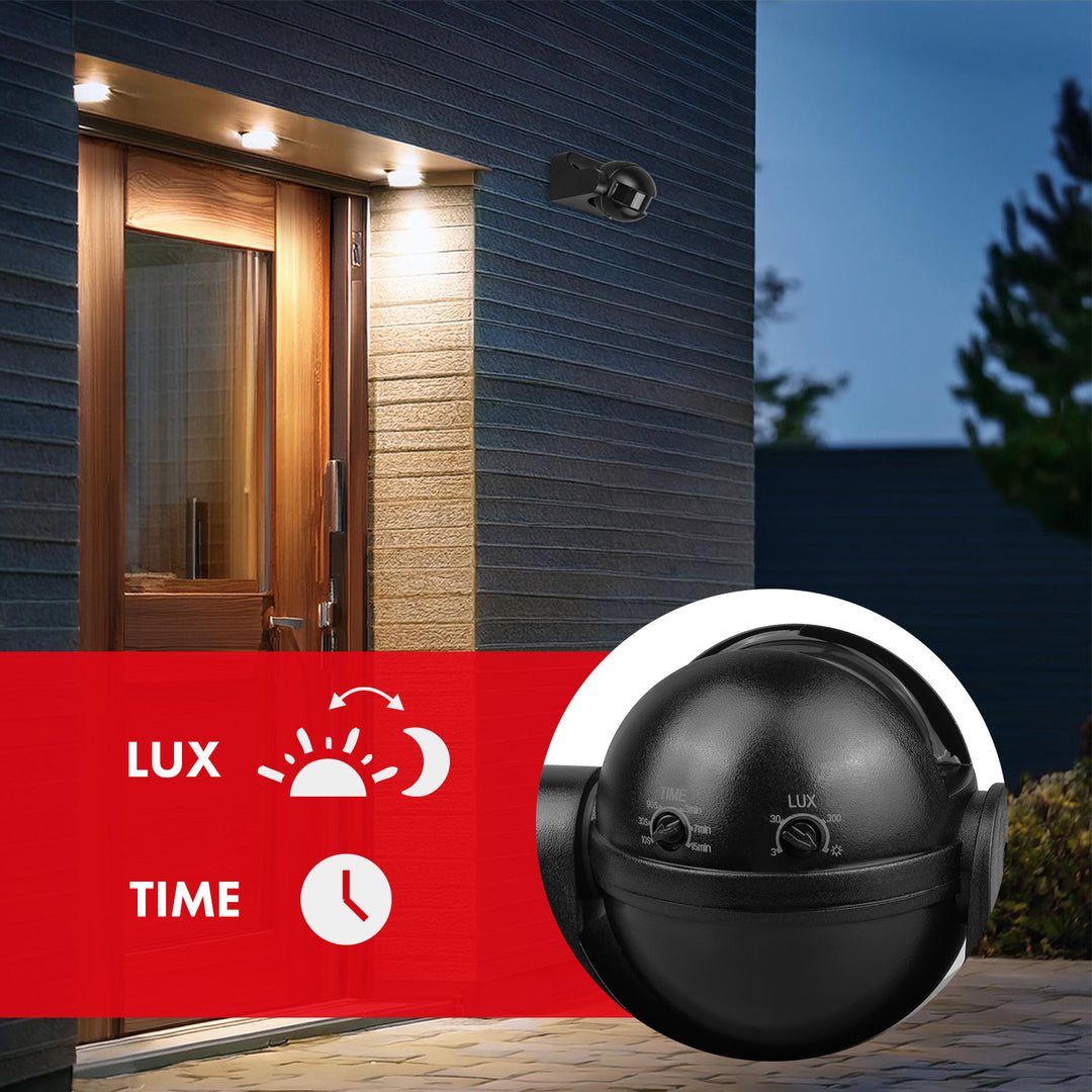 Czujnik ruchu PIR Maclean, na podczerwień, IP44, czarny z czarną przesłoną, zasięg 12m, max. obciążenie 300/1200W, MCE358 B/B