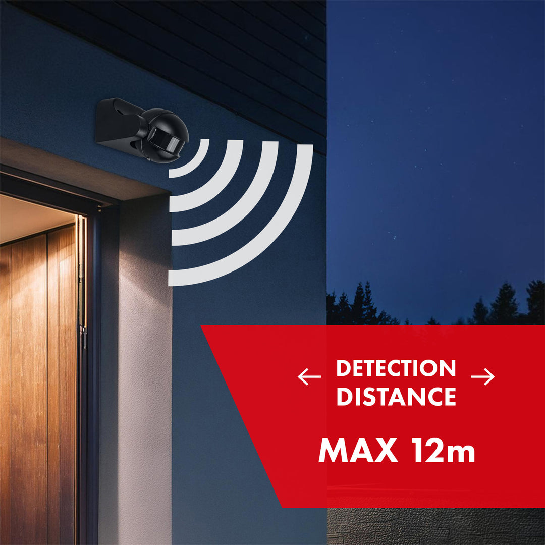 Czujnik ruchu PIR Maclean, na podczerwień, IP44, czarny z czarną przesłoną, zasięg 12m, max. obciążenie 300/1200W, MCE358 B/B