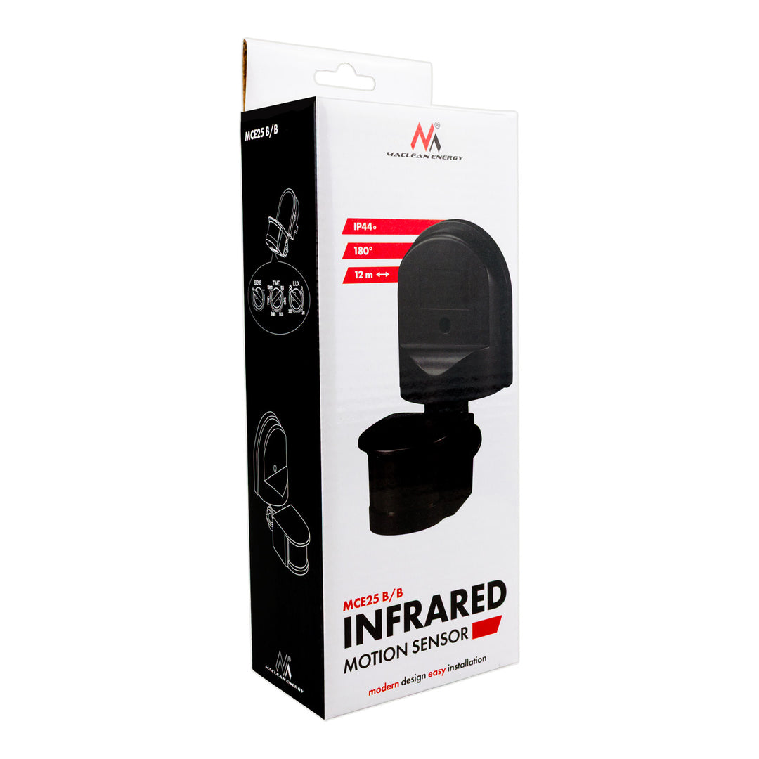 Ścienny czujnik ruchu i zmierzchu Maclean, 180°, max. 1200W, czarny z czarną przesłoną, MCE25 B/B