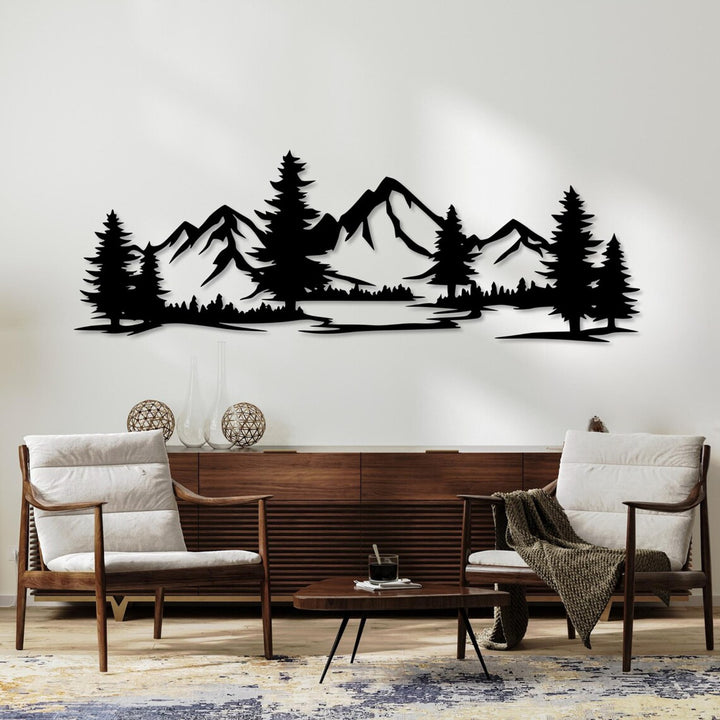 Ażurowy obraz, dekoracja ścienna 3D, Obraz 3D "Góry z lasem" 100x34cm Czarny