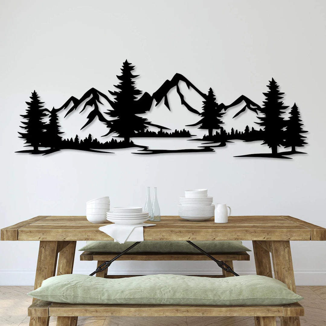 Ażurowy obraz, dekoracja ścienna 3D, Obraz 3D "Góry z lasem" 100x34cm Czarny