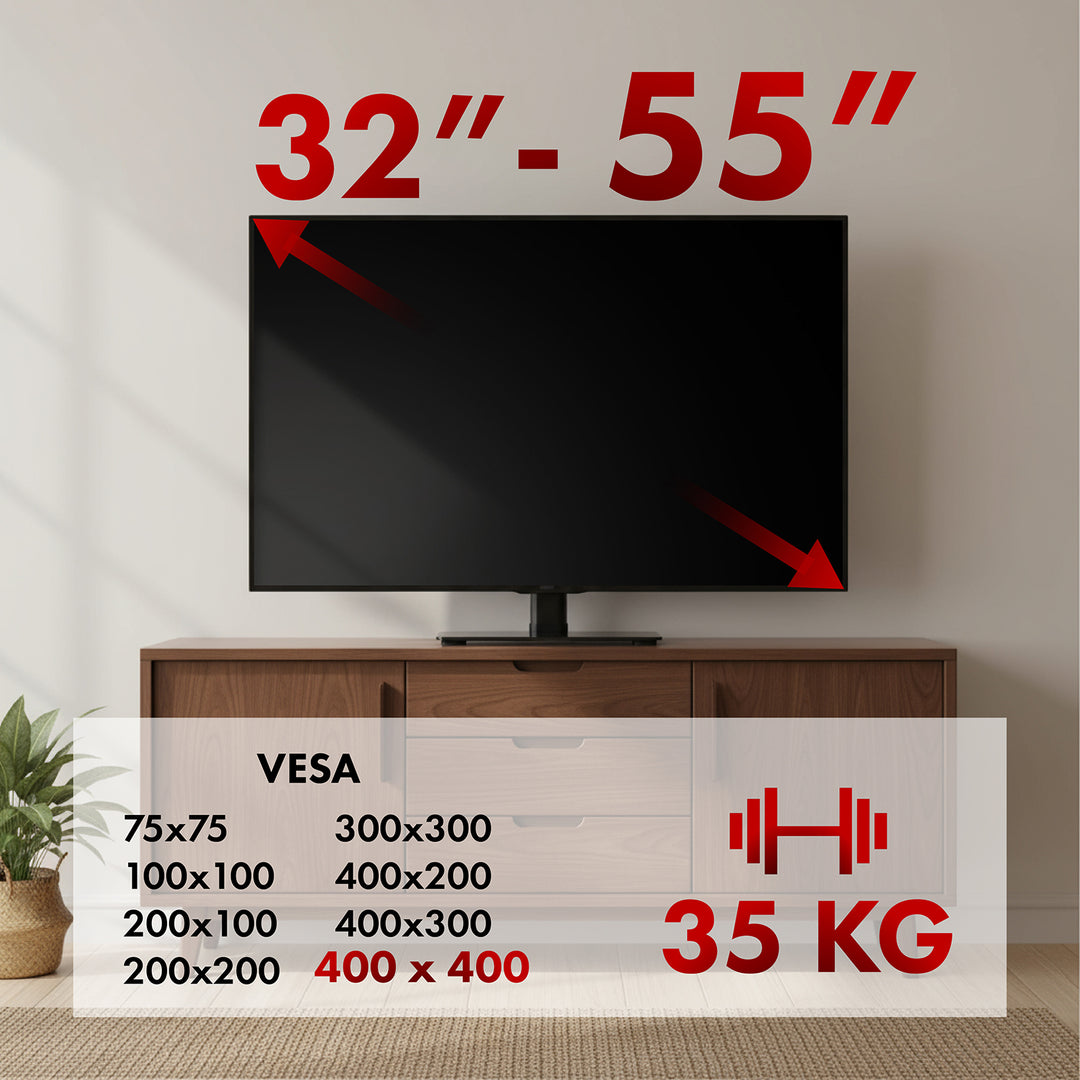 Uniwersalny stojak do TV Maclean, na szafkę RTV, podstawka, max. 35 kg, obrót 20 stopni, dla TV 32-55", MC-132