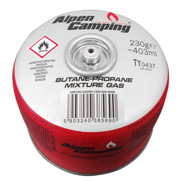 Kartusz gazowy 230g Alpen Camping. certyfikat: Pi 0656, zgodny z EN417, propan-butan, zakres -10°C do+ 40°C, zawór gwintowany 7/16" IK009