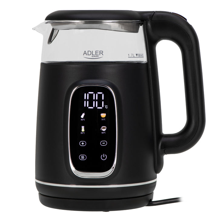 Czajnik szklany elektryczny 1.7L Adler, Czarno-srebrny, Regulacja temperatury, Wyświetlacz LED, AD 1305 bs