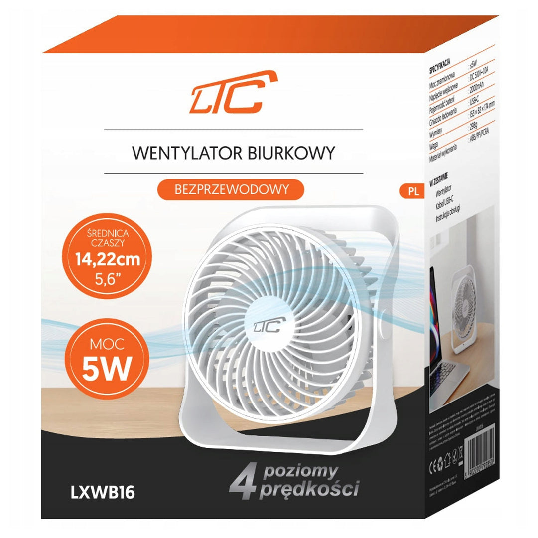 Wentylator biurkowy bezprzewodowy LTC, ładowanie USB C, 4 poziomy prędkości, akumulator 2000 mAh, LXWB16