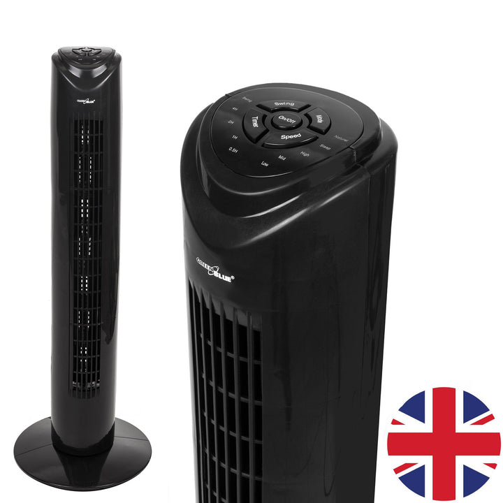 Wentylator kolumnowy GreenBlue 45W z 3 poziomami siły nawiewu, 82cm wysokości, 1,5m przewodu, z pilotem i timerem GB645 z wtyczką UK