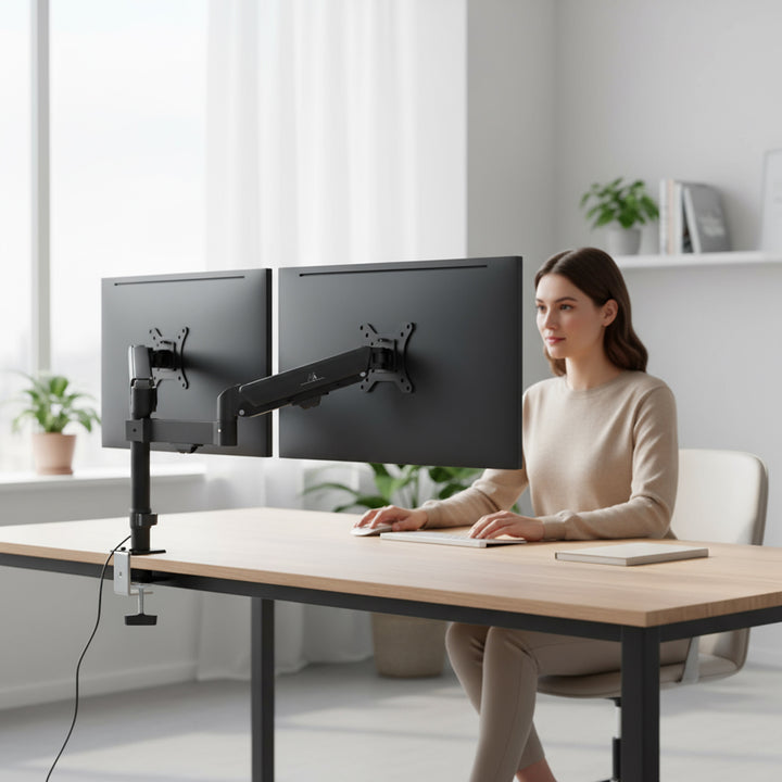 Uchwyt na 2 monitory Maclean, sprężyna gazowa, 17"-32", 2-10kg, czarny, MC-136