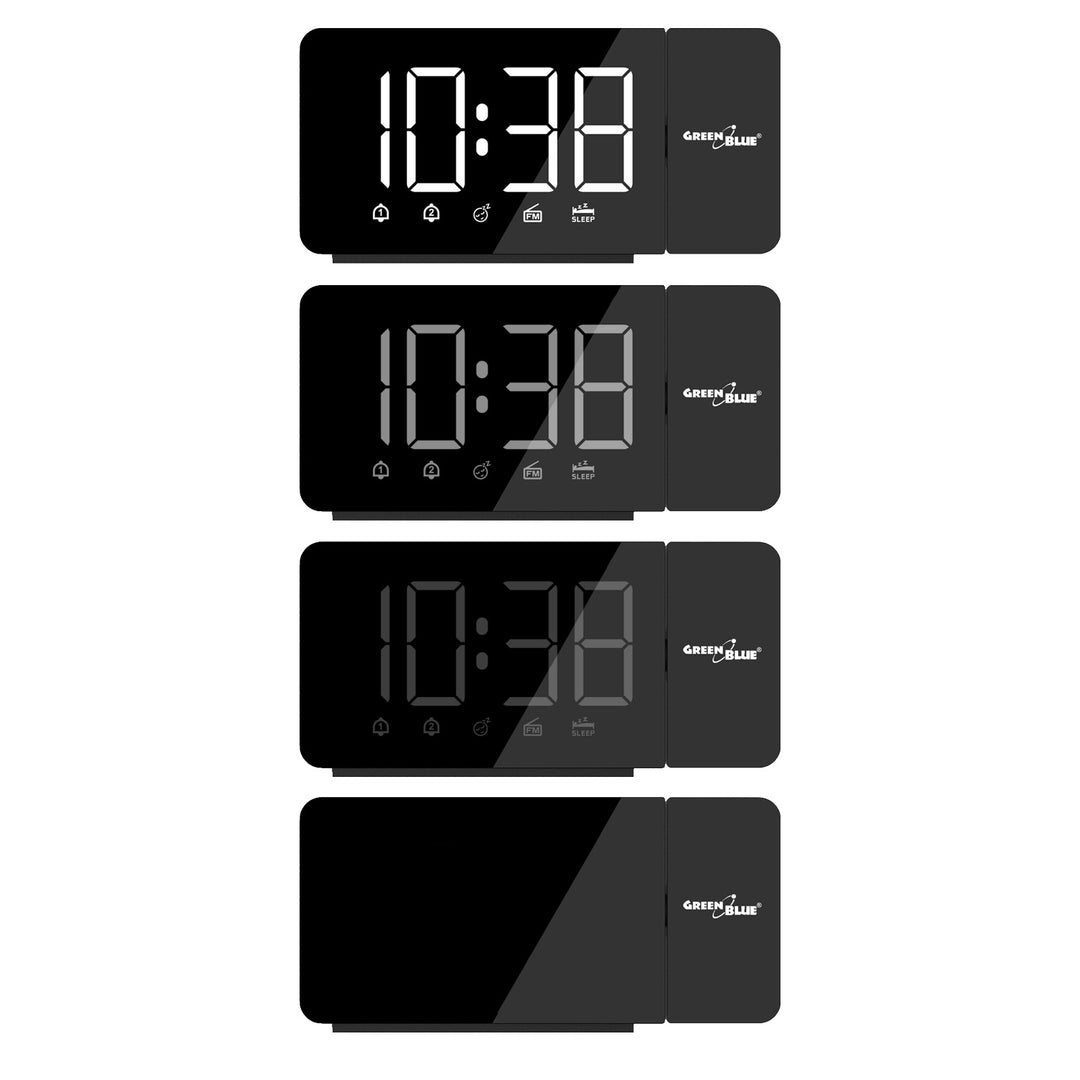 Radiobudzik cyfrowy LED z projektorem GreenBlue,radio FM, alarm, zegar 12/24, zasilanie USB 5V DC + CR2032, GB172