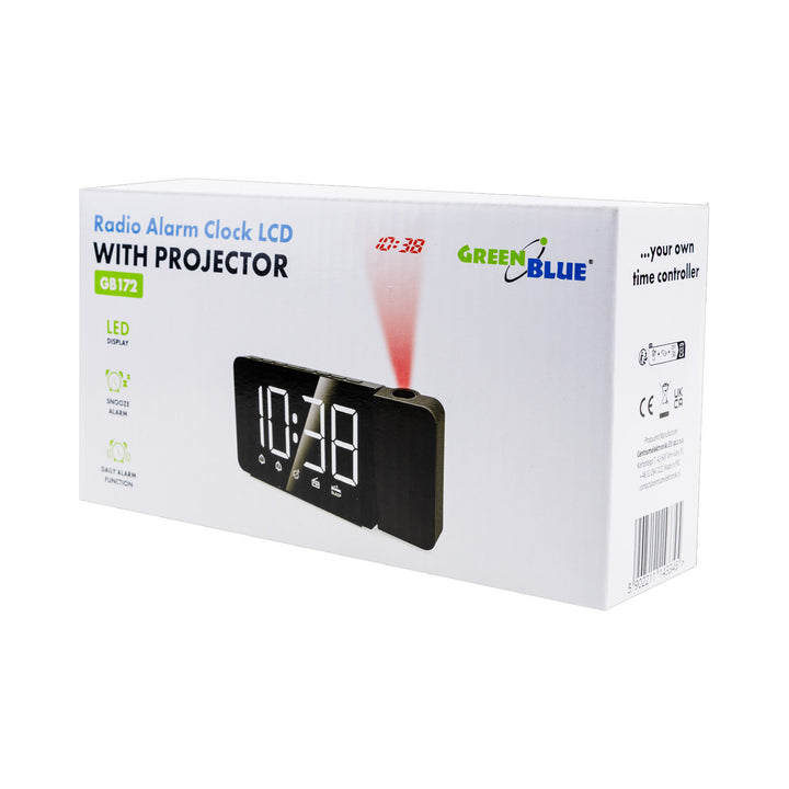 Radiobudzik cyfrowy LED z projektorem GreenBlue,radio FM, alarm, zegar 12/24, zasilanie USB 5V DC + CR2032, GB172