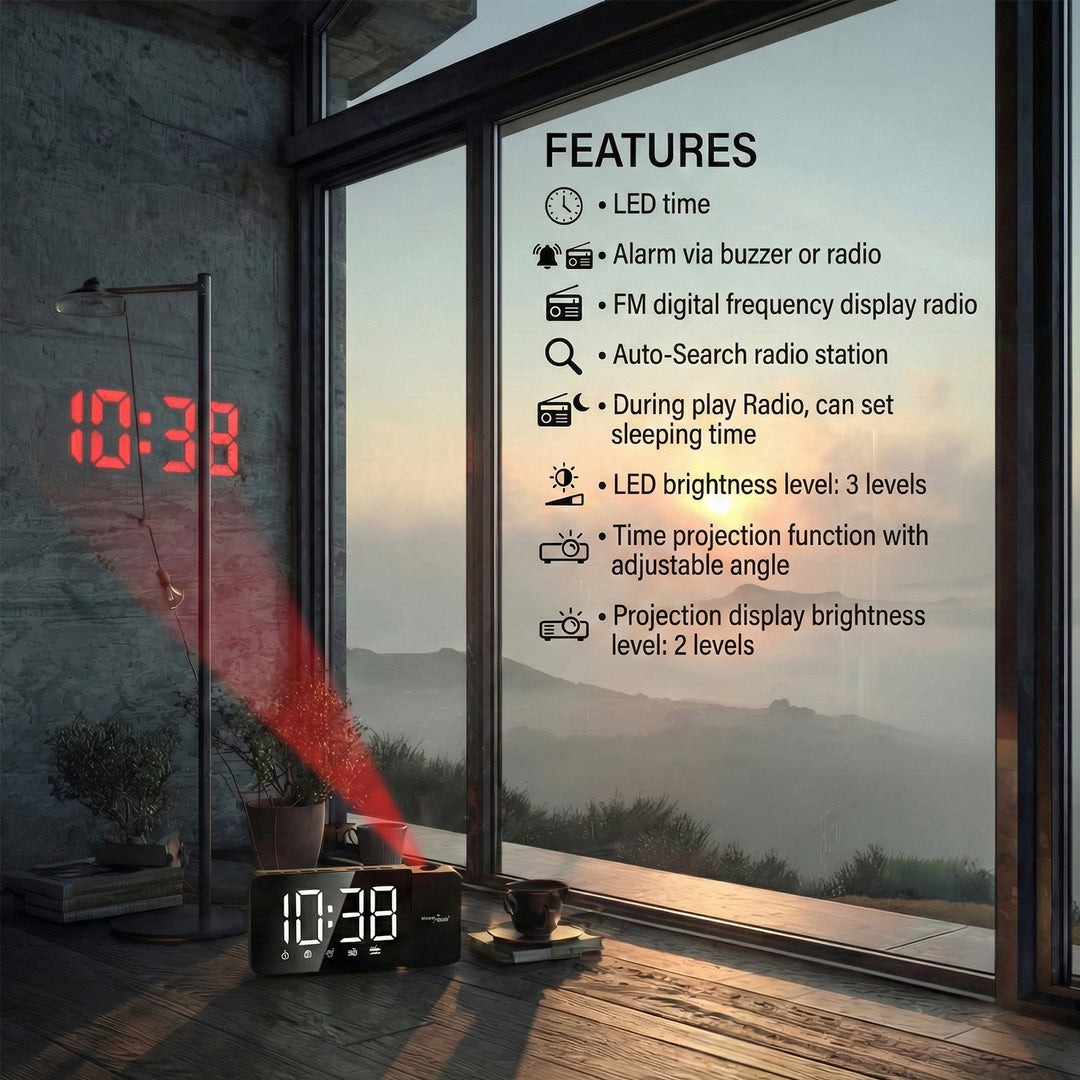 Radiobudzik cyfrowy LED z projektorem GreenBlue,radio FM, alarm, zegar 12/24, zasilanie USB 5V DC + CR2032, GB172